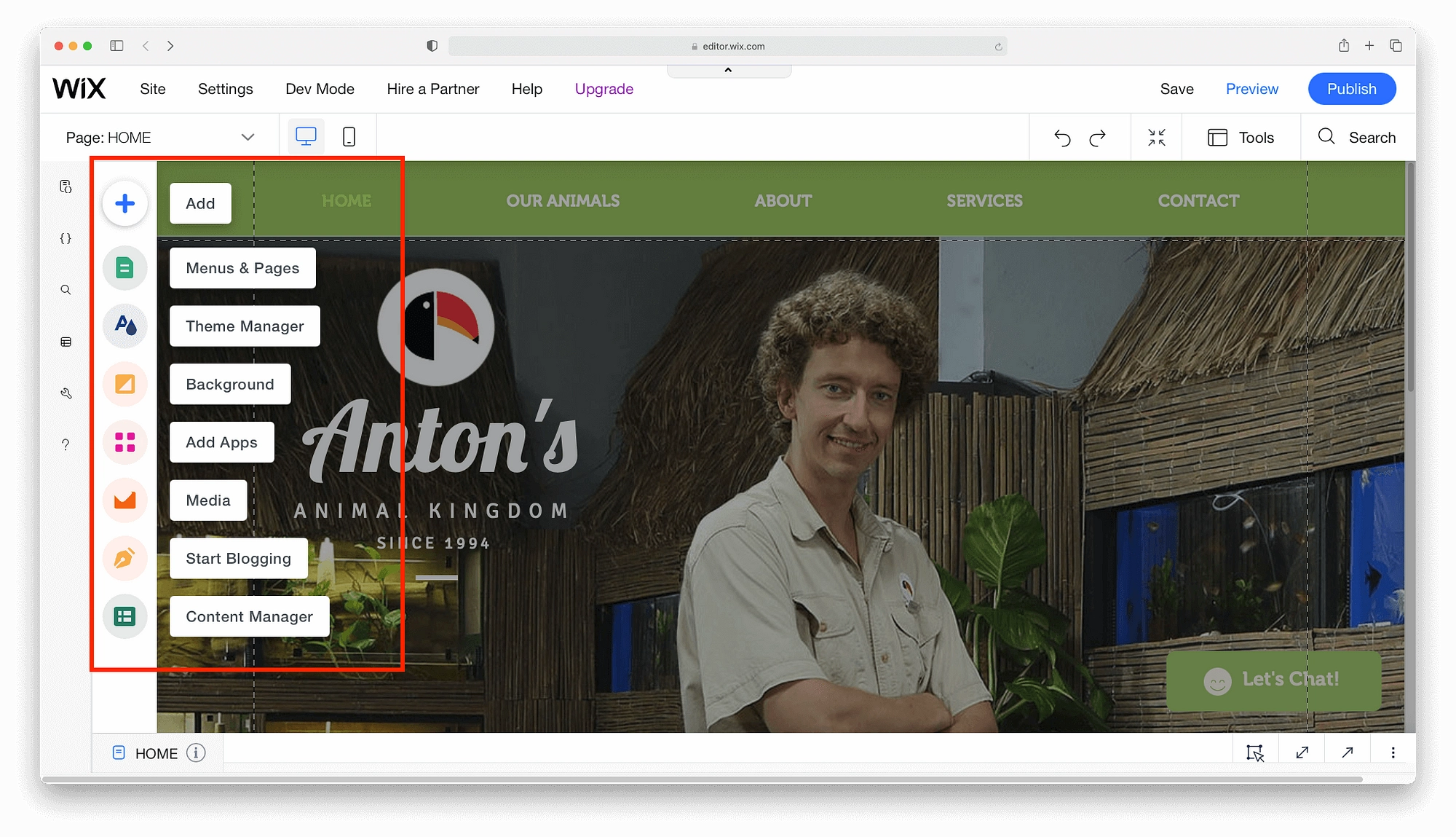 Las opciones de menú para el editor de Wix