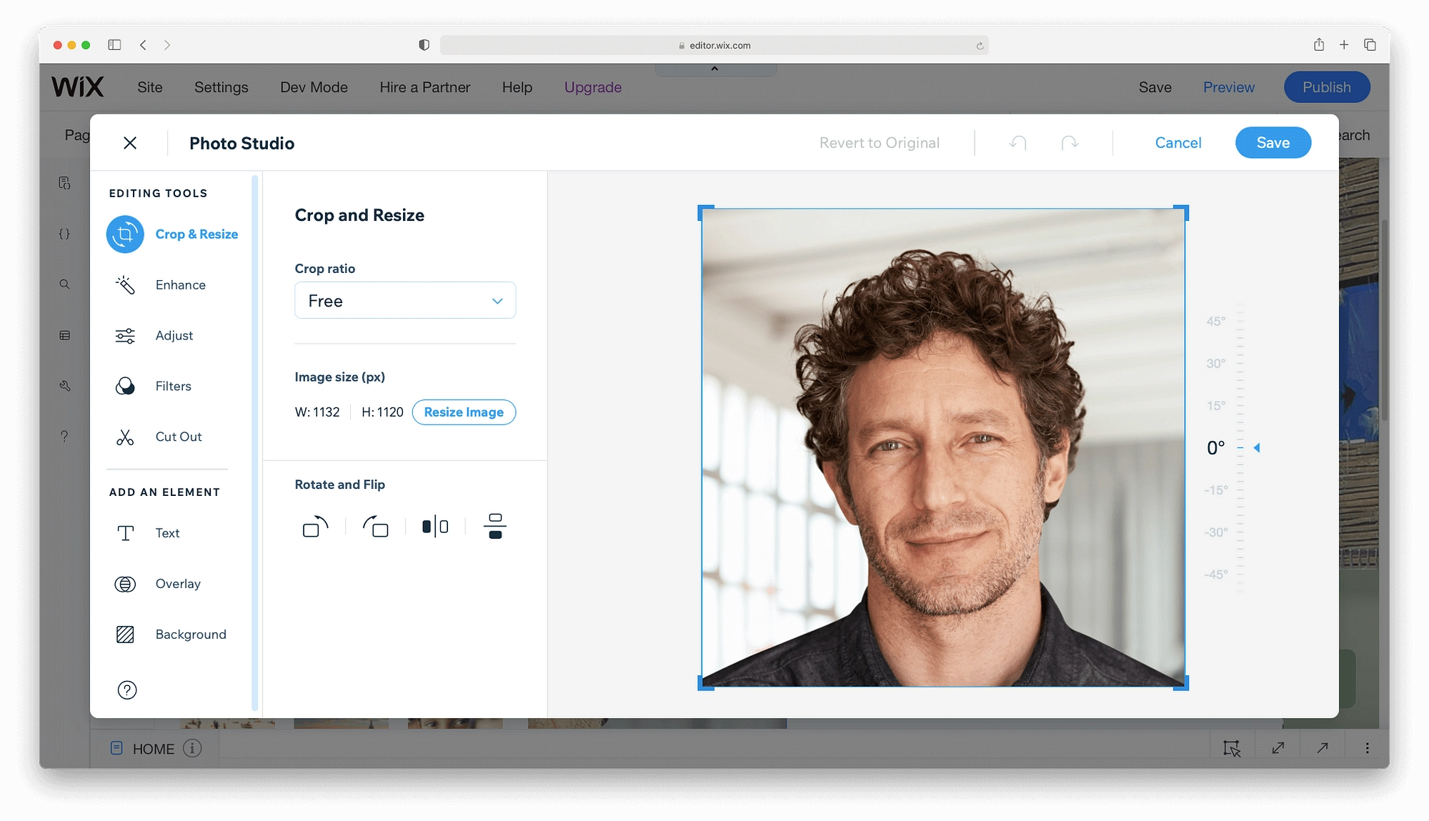 Wix Photo Studio tiene poderosas herramientas para hacer ajustes de imagen/