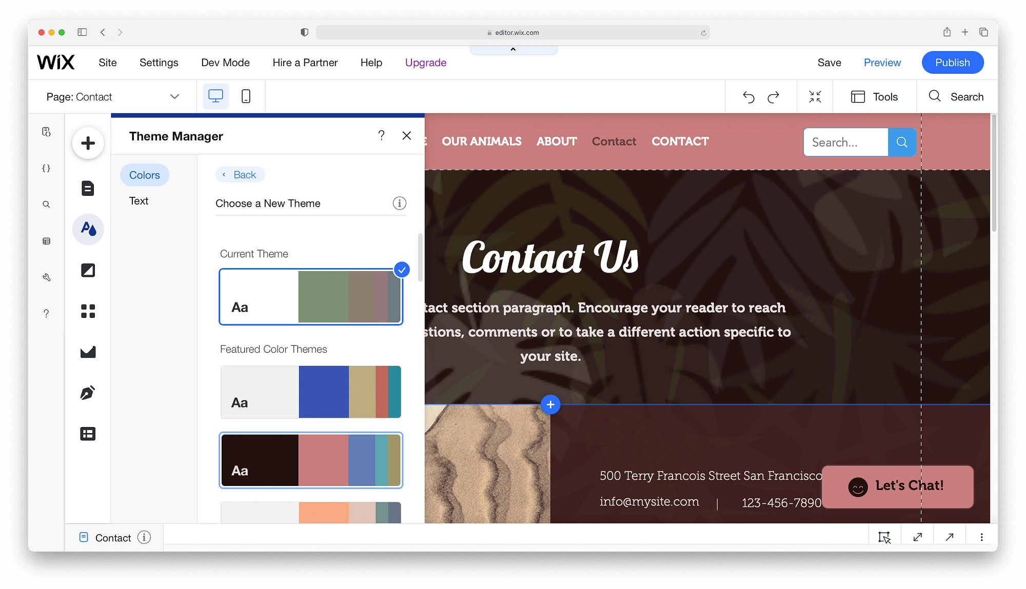 Vista previa de un cambio de color en el editor de Wix
