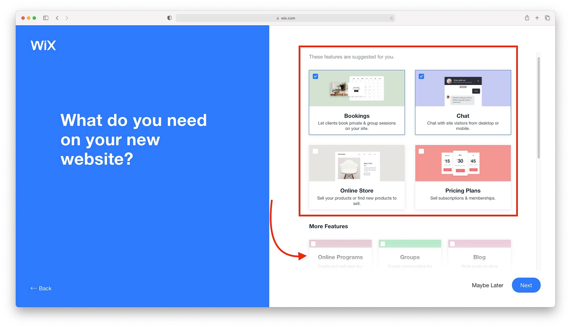 Wix ADI sugerirá funciones basadas en los objetivos de su sitio web.