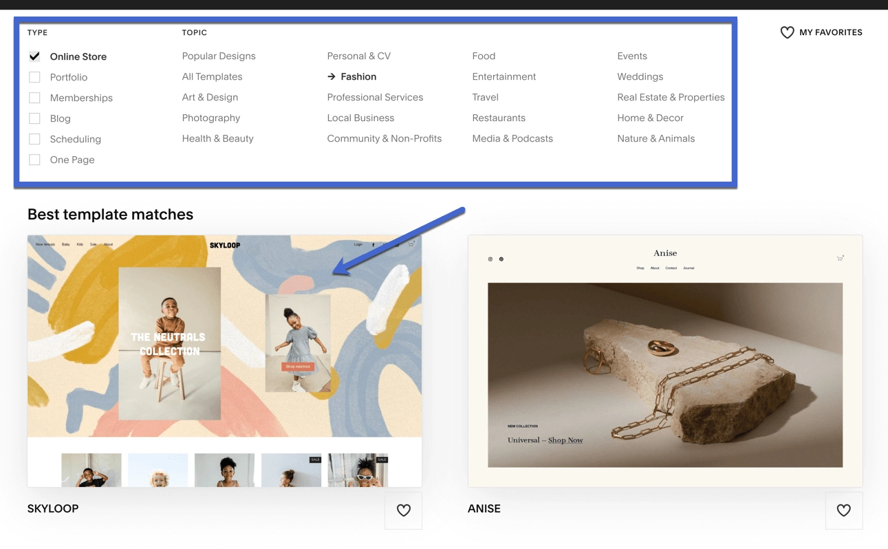 pilih template - ulasan Squarespace