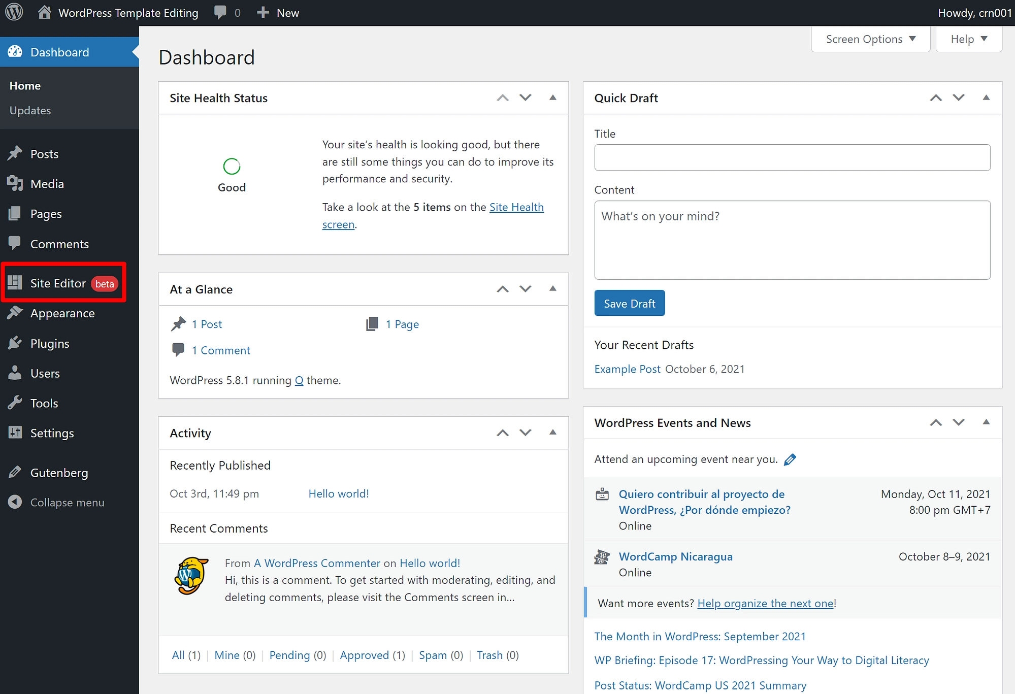 Accesso all'editor del sito di WordPress