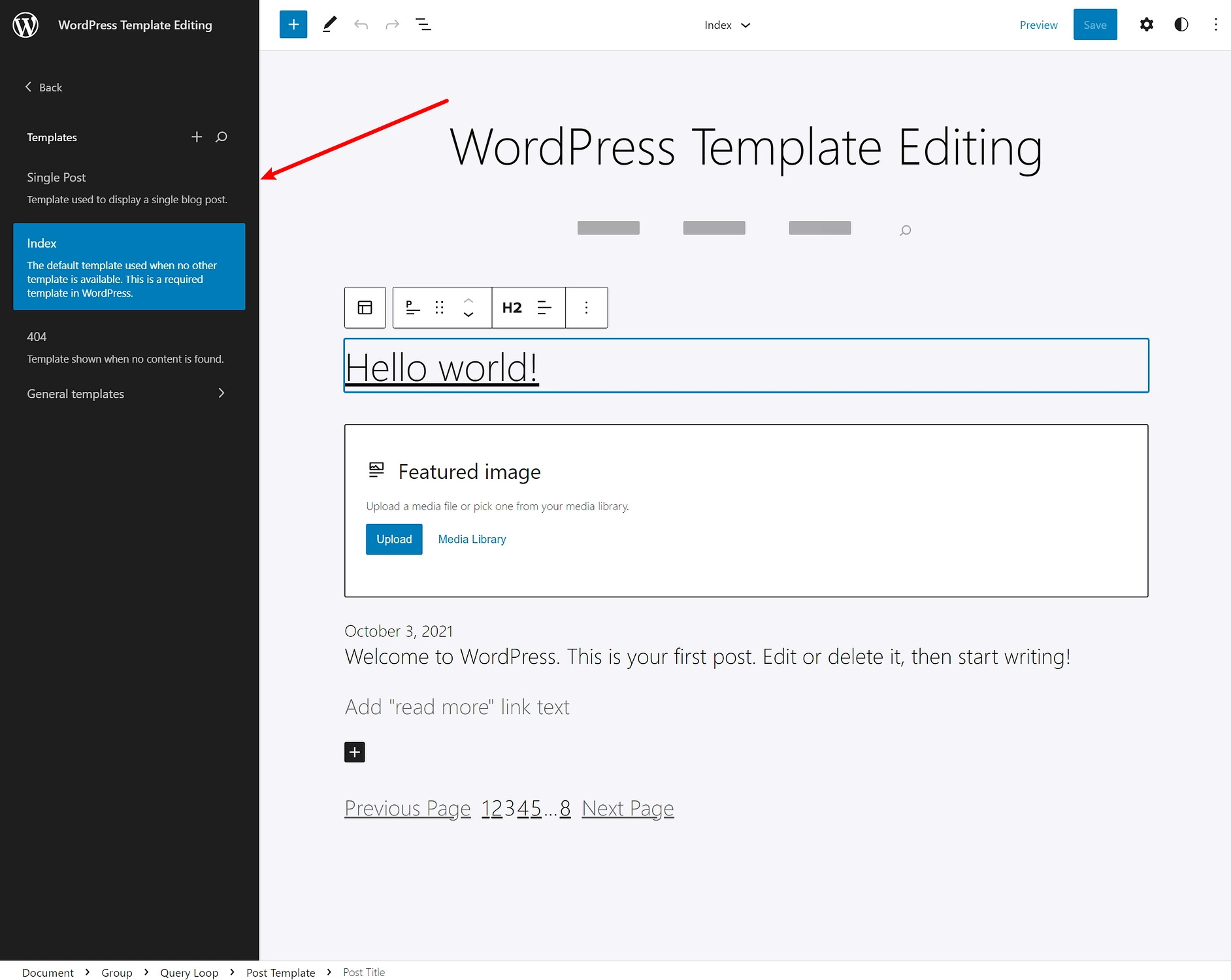 Passaggio da un modello all'altro nell'editor del sito di WordPress