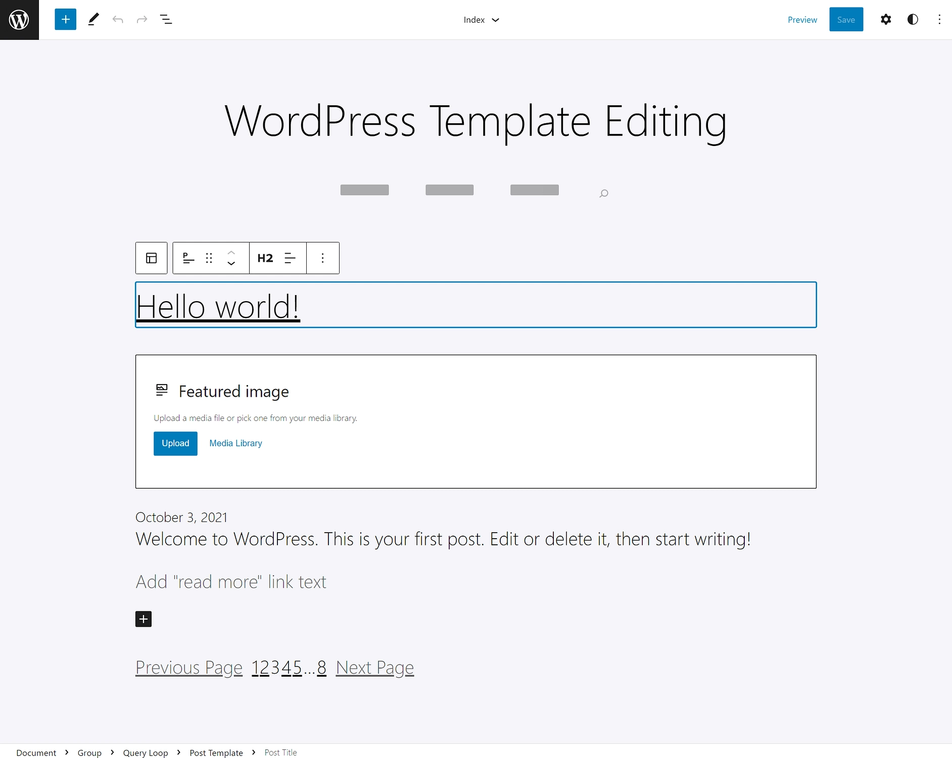 L'interfaccia dell'editor di siti di WordPress