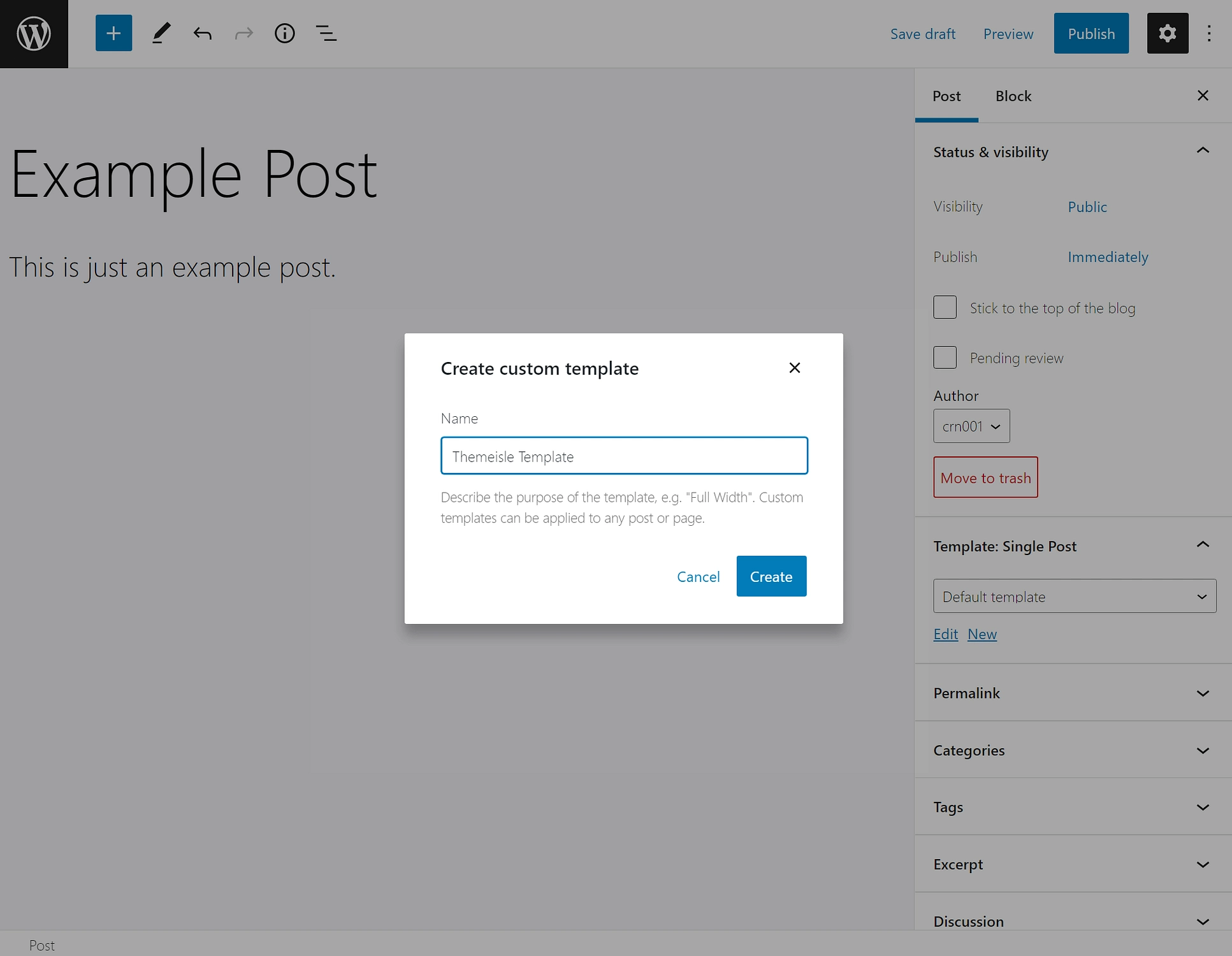 Assegna un nome al tuo modello in modalità di modifica dei modelli di WordPress