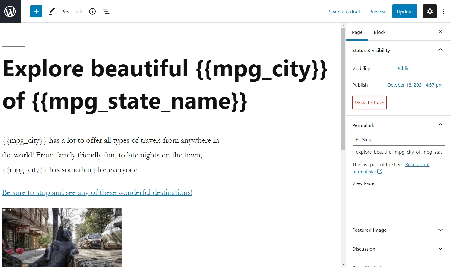 Un esempio di un modello di pagina che può essere utilizzato durante il processo di creazione di pagine in blocco di WordPress.