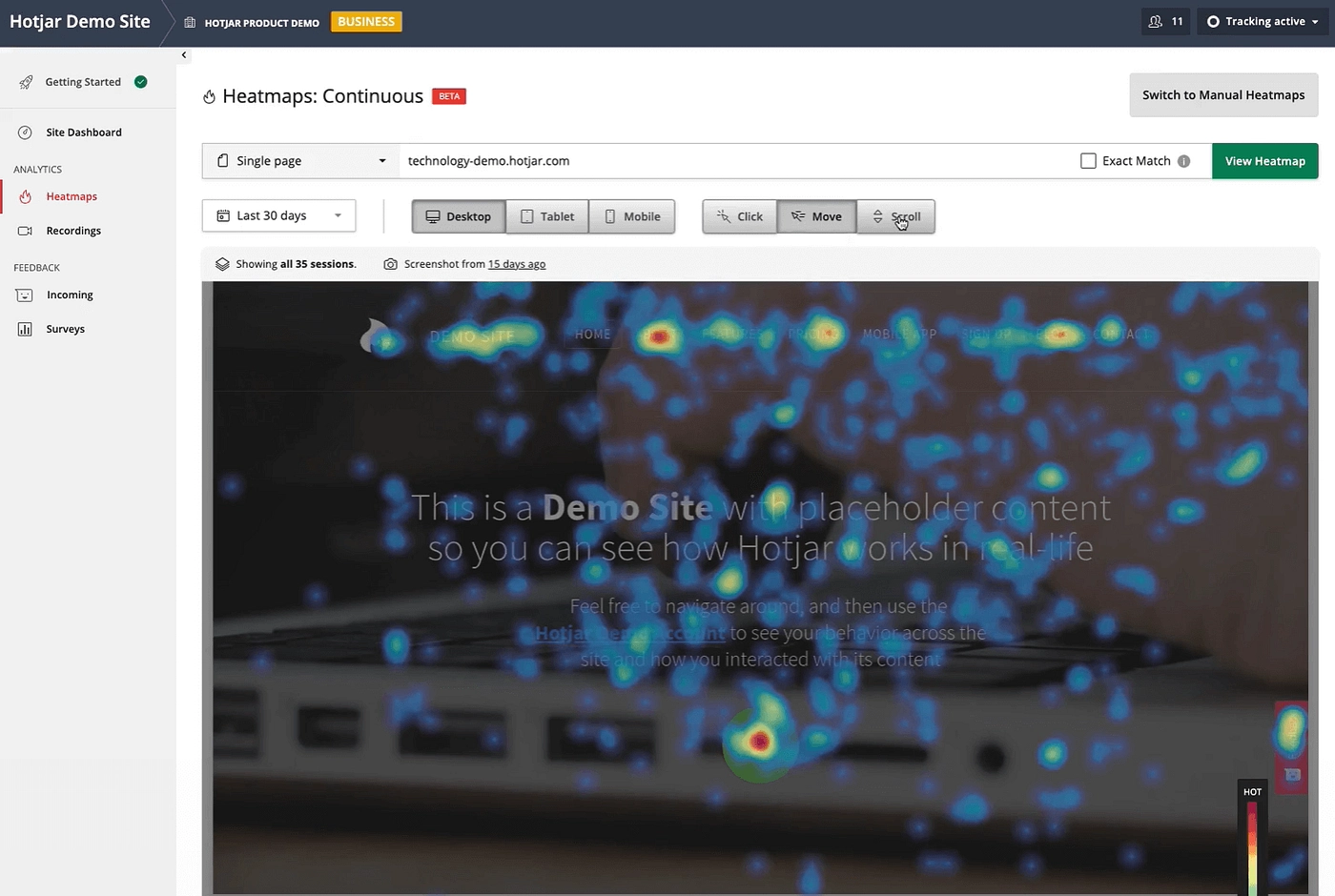 Un esempio di mappa termica Hotjar, che puoi utilizzare per tenere traccia delle metriche dei visitatori e migliorare l'esperienza dell'utente.