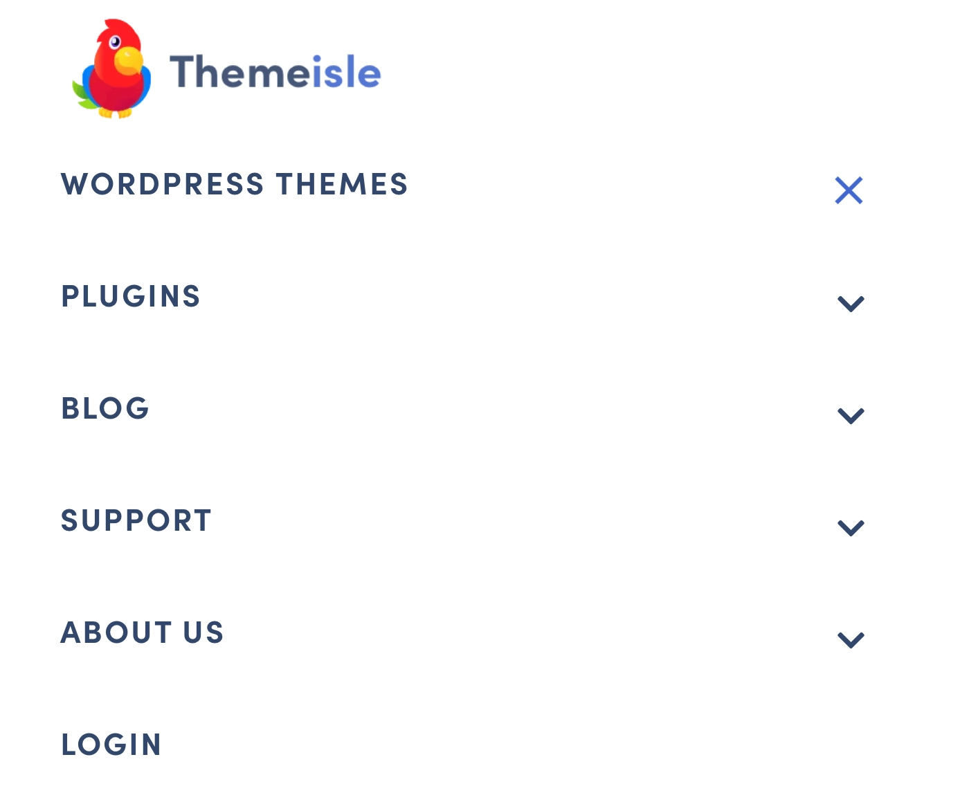 Un esempio del menu di ThemeIsle su mobile, con spaziatura generosa, per migliorare l'esperienza dell'utente sui dispositivi mobili.