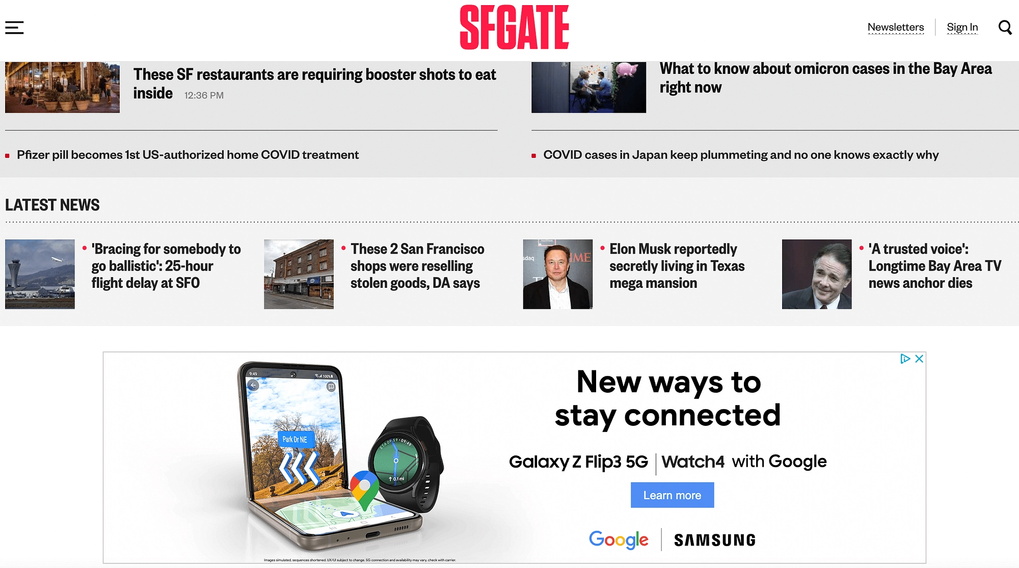 Il sito Web di SFGATE con annunci pubblicitari in una sola sezione, che può migliorare l'esperienza dell'utente.
