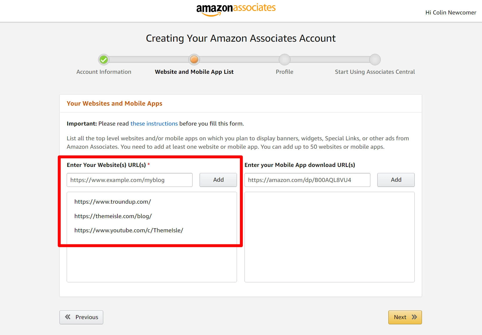 เพิ่มเว็บไซต์ที่คุณจะโปรโมตผลิตภัณฑ์ของ Amazon