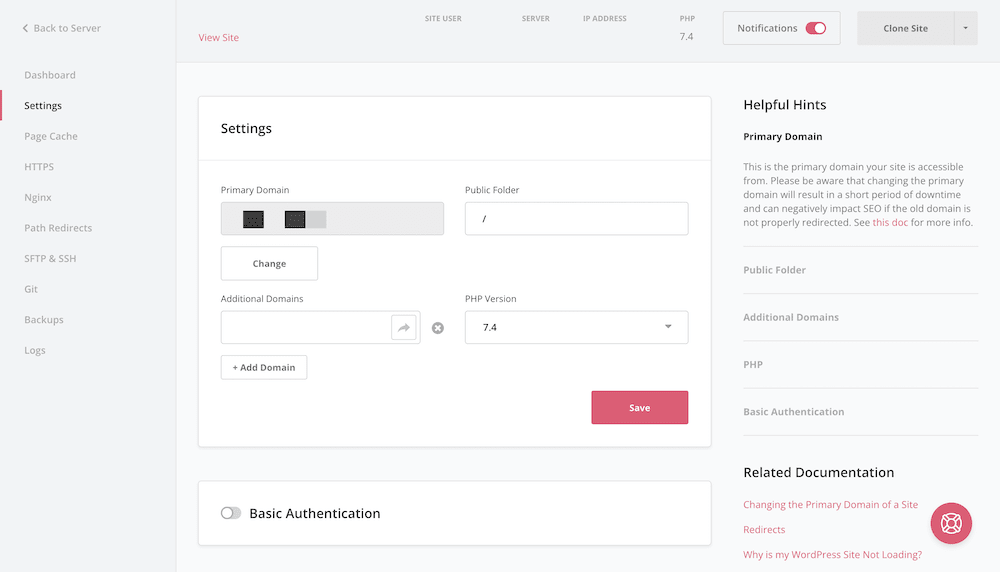 SpinupWP 的设置屏幕。