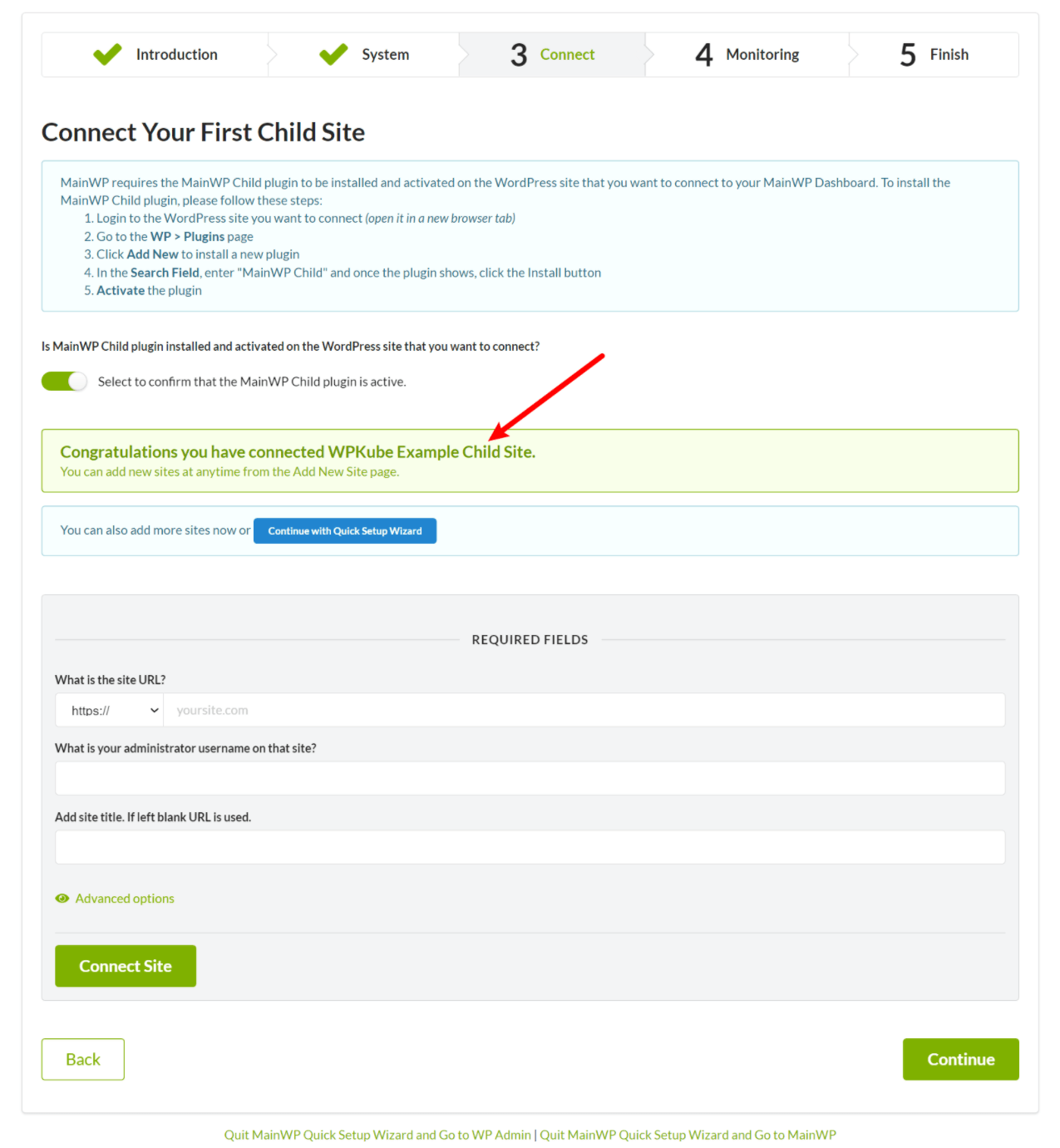 Connessione al sito figlio riuscita