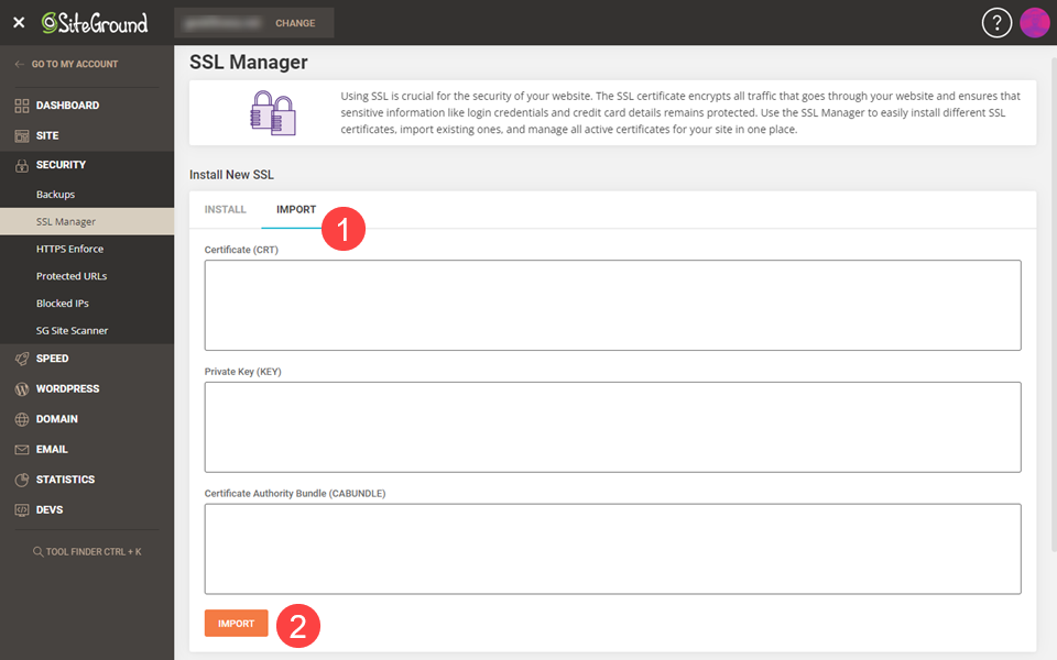 importa SSL in siteground