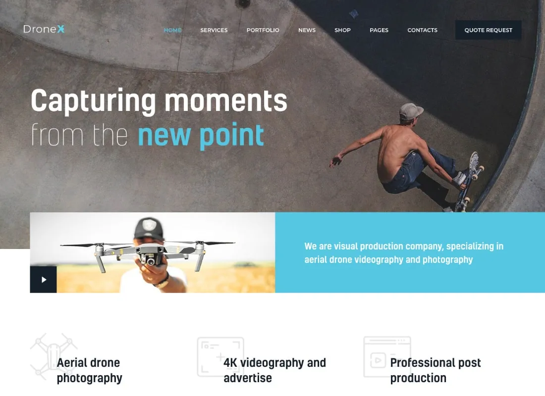 DroneX | Tema WordPress de fotografia aérea e videografia