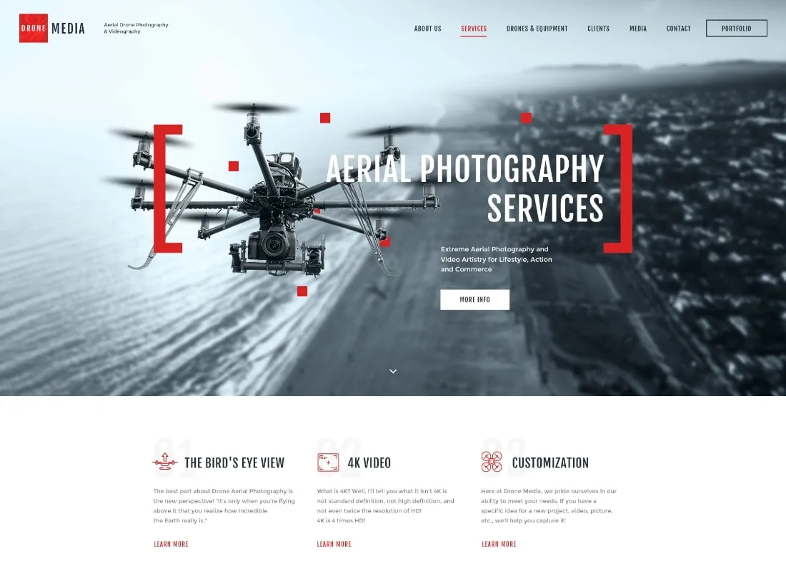 Mídia Drone | Tema WordPress de fotografia aérea e videografia + Elementor