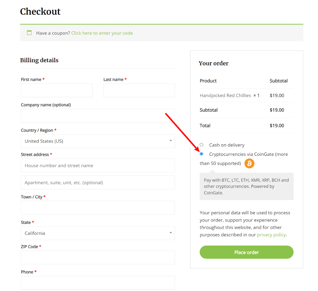 Opțiune de criptomonedă la finalizarea comenzii WooCommerce