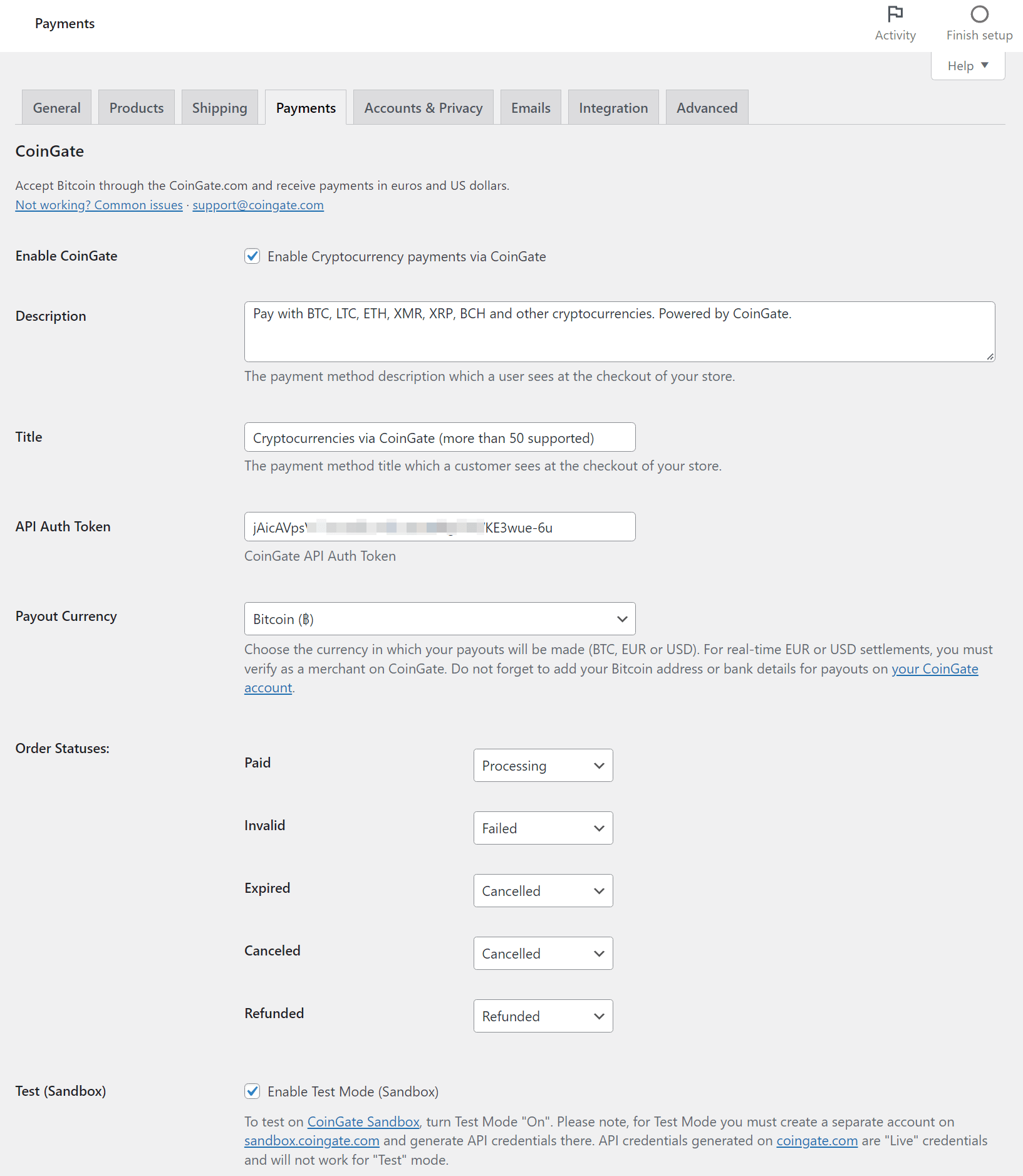 Setări pentru pluginul CoinGate WordPress