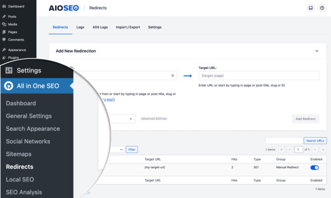 Plugin de redirecionamento WordPress 301 AIOSEO