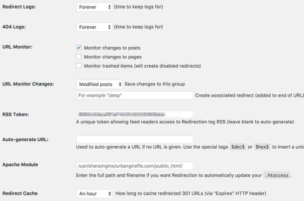 Plugin de redirecionamento do WordPress configurado para monitorar URLS