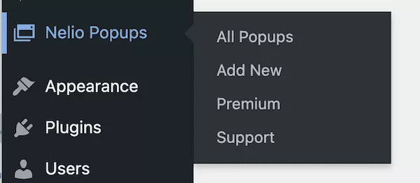Menu pop-ups do Nelio no painel