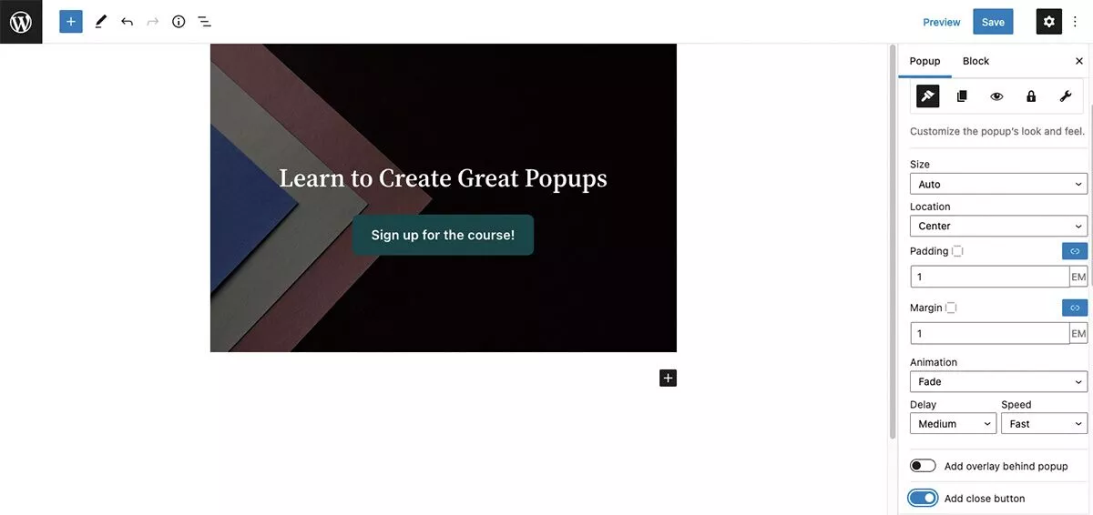 Editor de blocos WordPress com pop-up criado