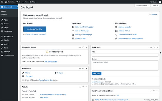 مثال على لوحة معلومات WordPress