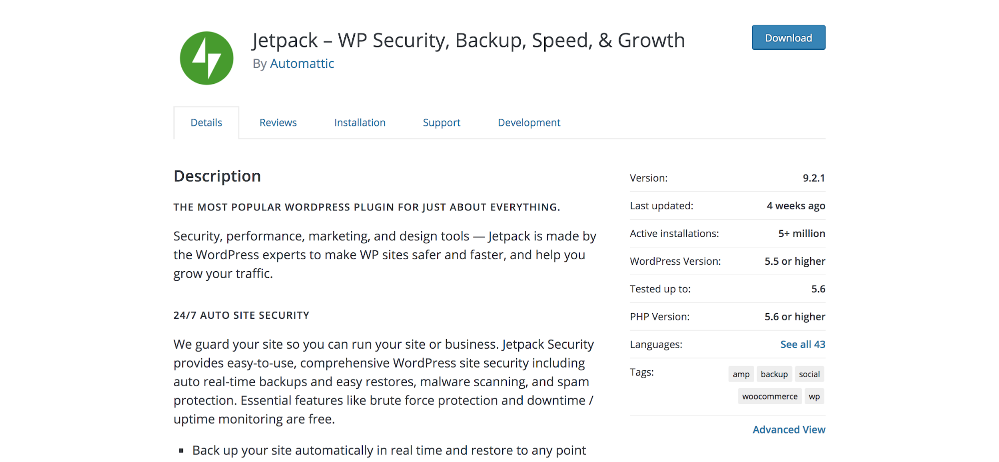 صفحة البرنامج المساعد Jetpack في مستودع WordPress