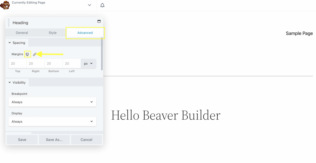 رمز الاستجابة المحمول Beaver Builder في علامة التبويب المتقدمة