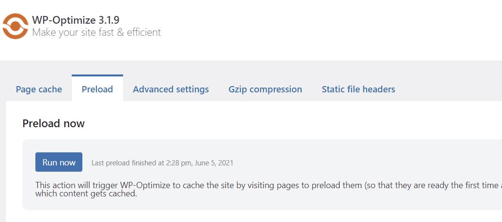 Precarica la cache in WP Optimize