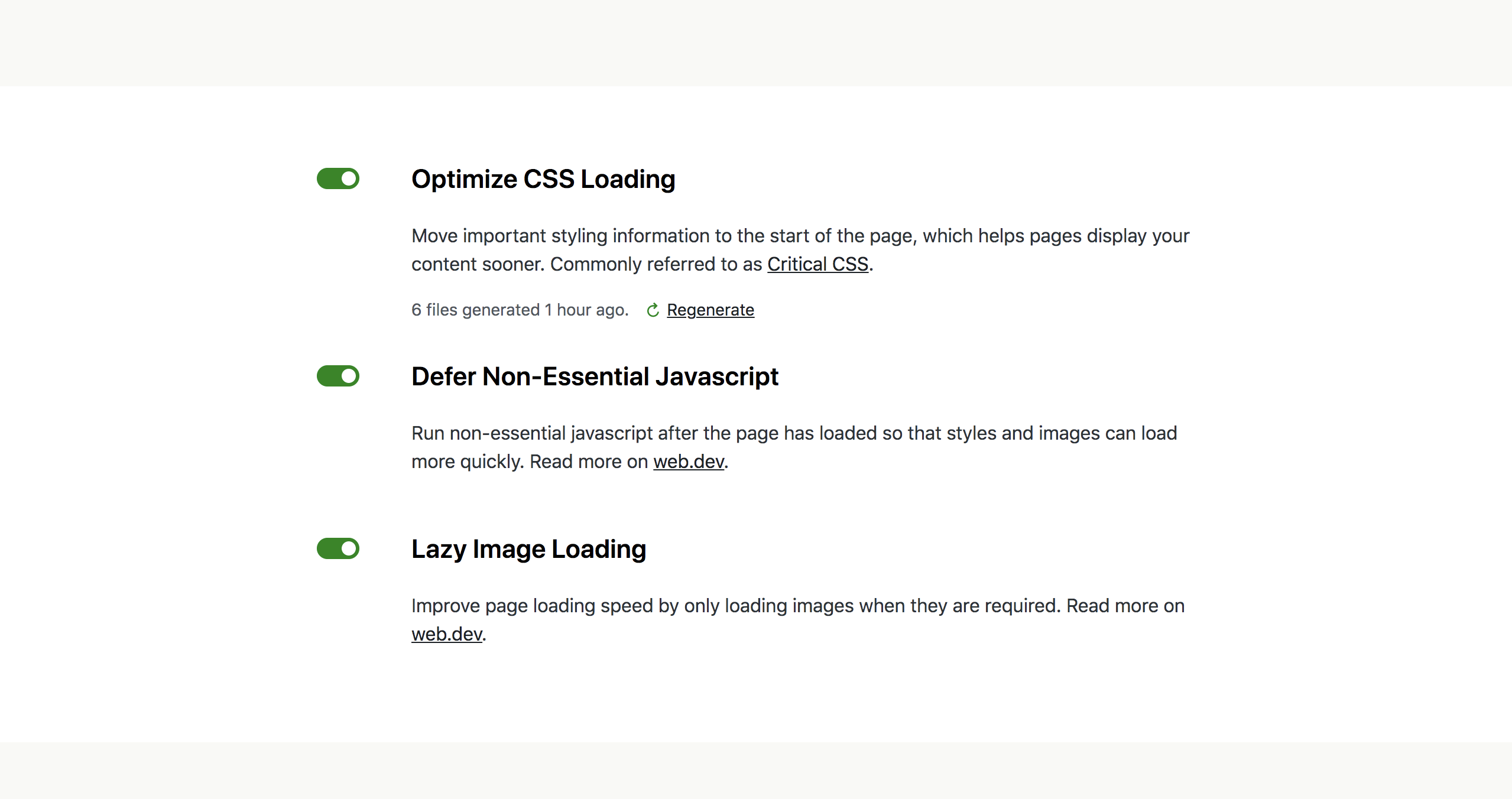 Impostazioni Jetpack Boost, che possono essere attivate con un solo clic
