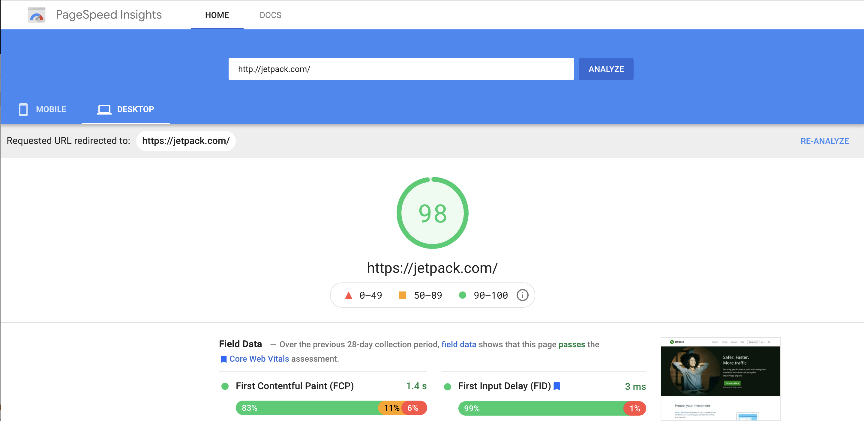 Rapporto di Google PageSpeed per Jetpack.com