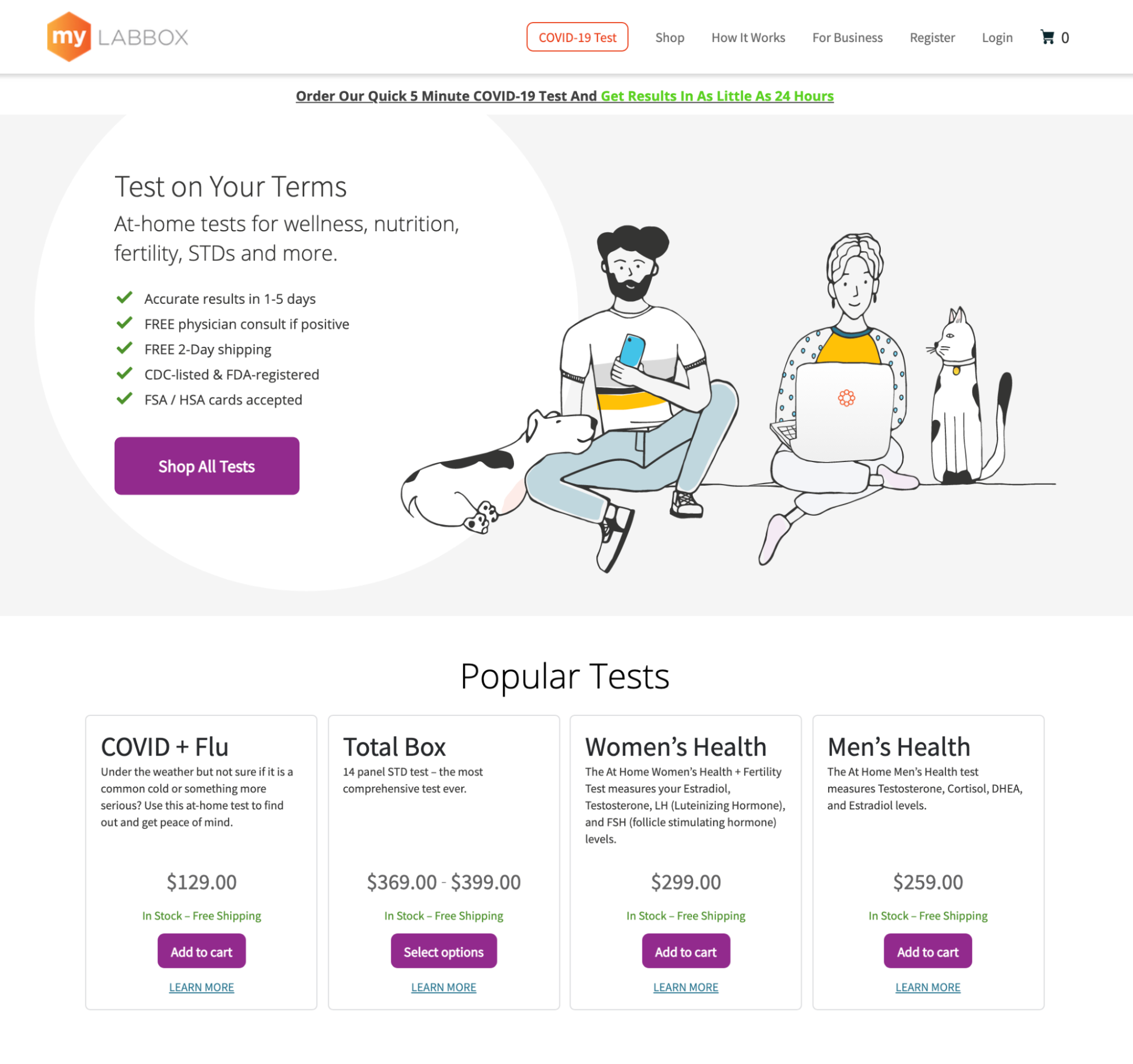 home page di myLABBOX con i servizi offerti ei prodotti disponibili