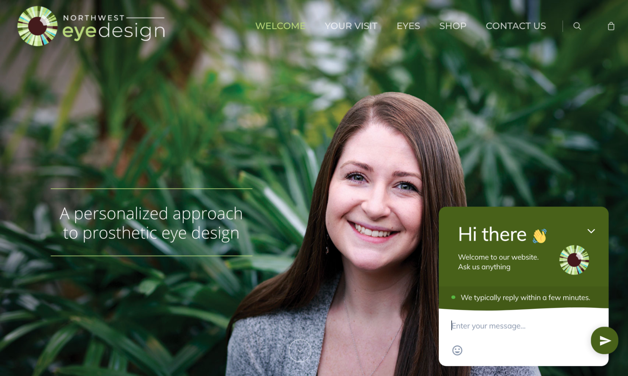 Pagina Northwest Eye Design con un chatbot in basso a destra