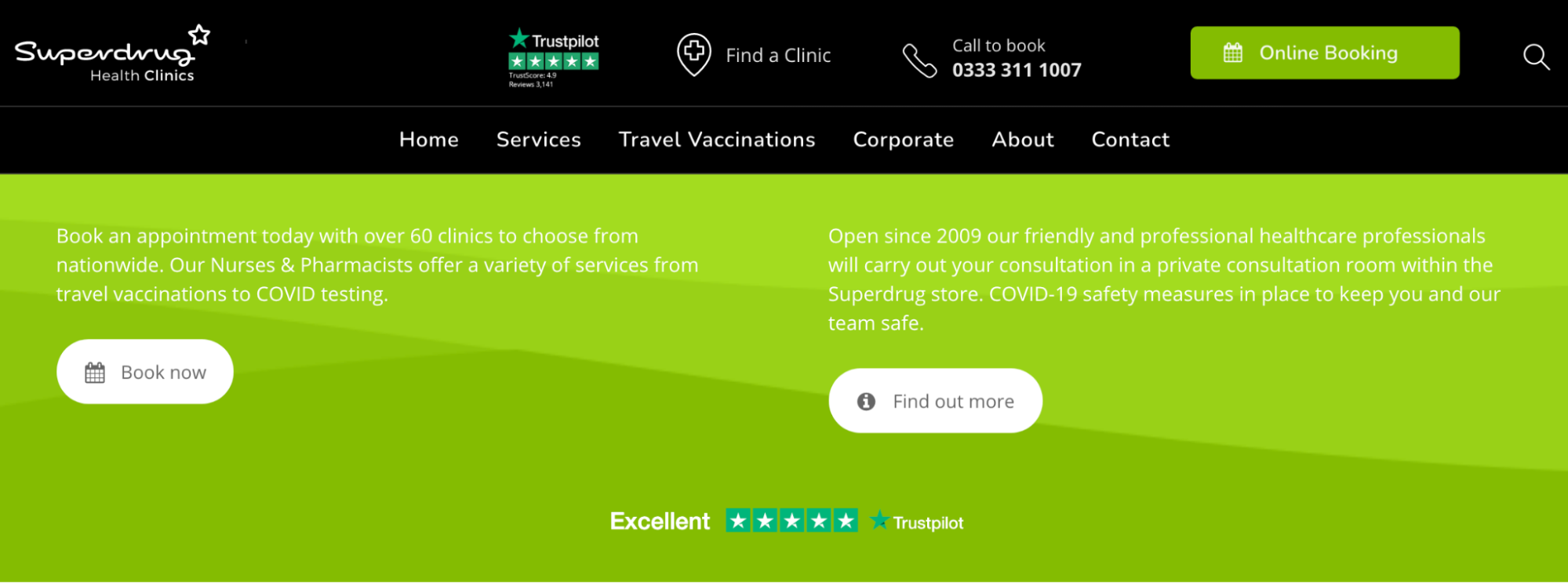 Menu Superdrug Health Clinics con collegamenti a luoghi, appuntamenti e informazioni di contatto