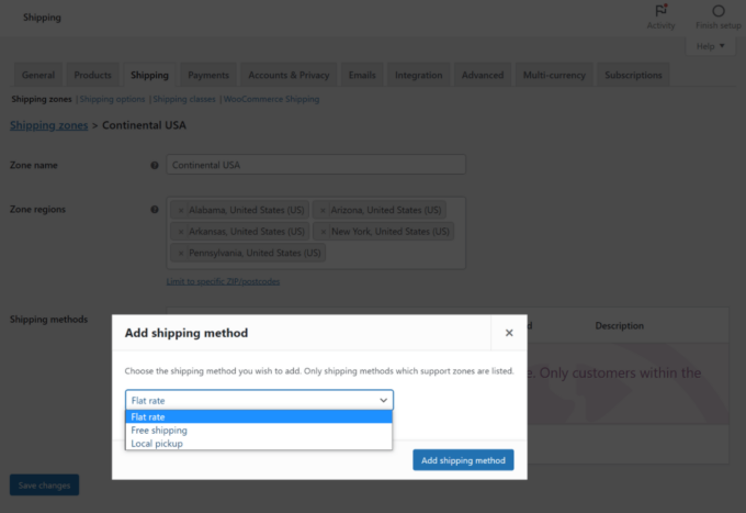 WooCommerce 배송 방법 추가
