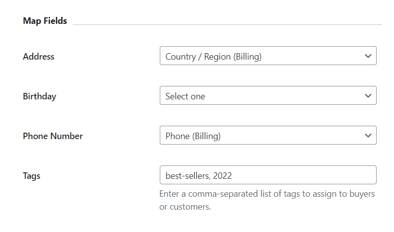 إعدادات حقول خريطة mailoptin