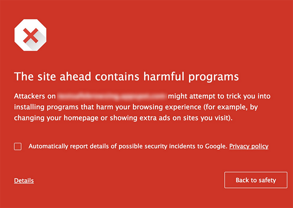 Aviso de navegação segura do Google em um site