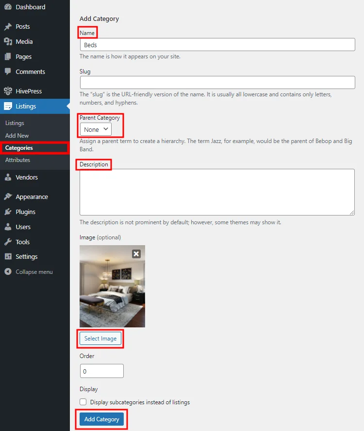 WordPress 대시보드에 목록 카테고리를 추가하는 예.