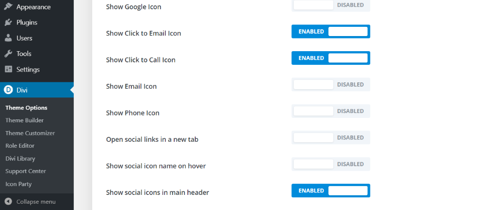 إضافة أيقونات Divi Icon Party إلى شريط القائمة الأساسي