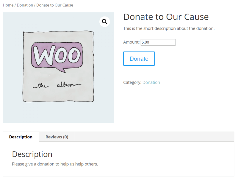 Vista front-end della donazione impostata con il plug-in Donazioni potenti per WooCommerce