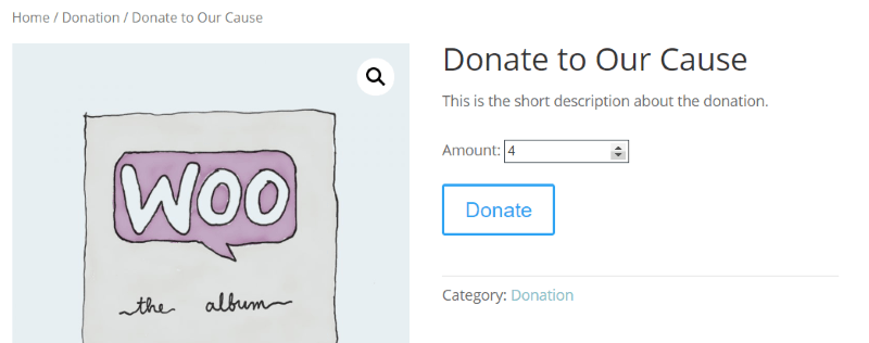 Vista front-end della donazione impostata con il plug-in Donazioni potenti per WooCommerce