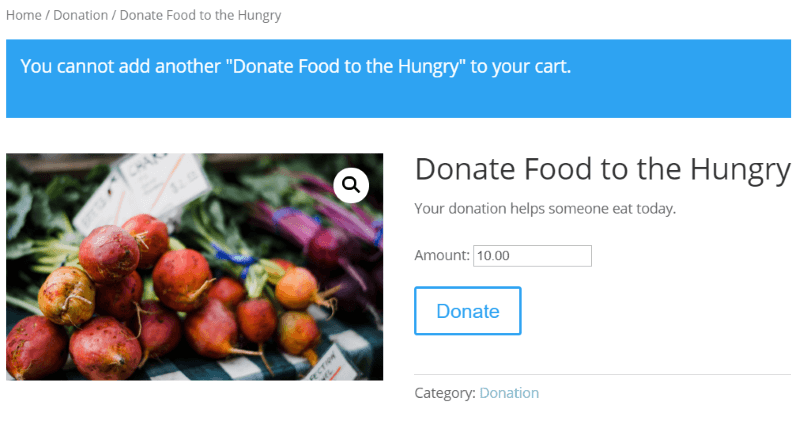 Vista front-end della donazione impostata con il plug-in Donazioni potenti per WooCommerce
