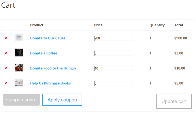 Vista front-end della pagina del carrello del plug-in Potent Donations for WooCommerce