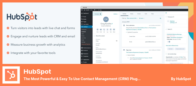 HubSpot 플러그인 - 가장 강력하고 사용하기 쉬운 연락처 관리(CRM) 플러그인