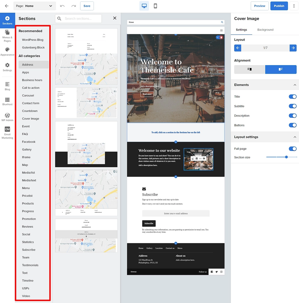 선택할 수 있는 섹션 수를 보여주는 Bluehost 웹 사이트 빌더 검토