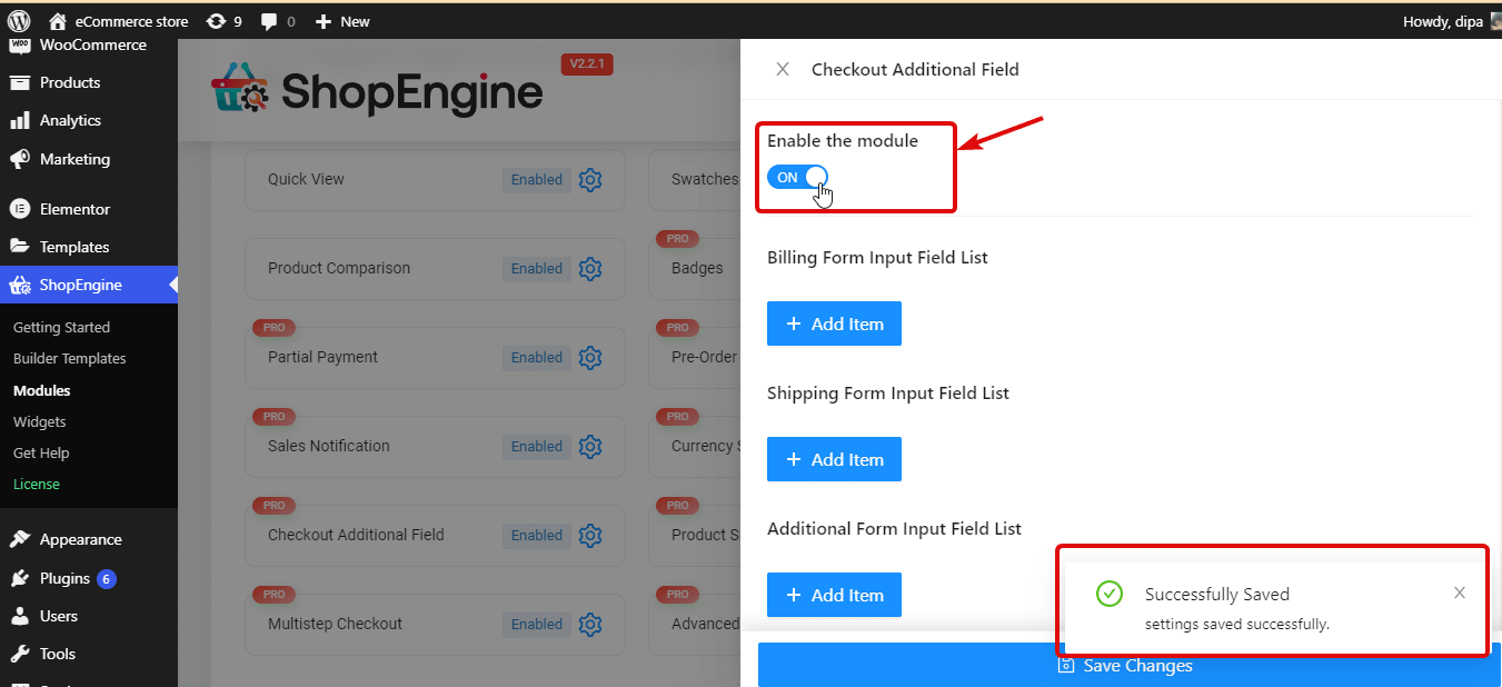 activați modulul de câmpuri de verificare suplimentare din ShopEngine