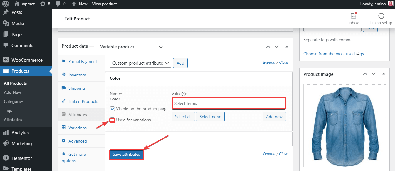 Aggiungi variazione utilizzando ShopEngine al prodotto