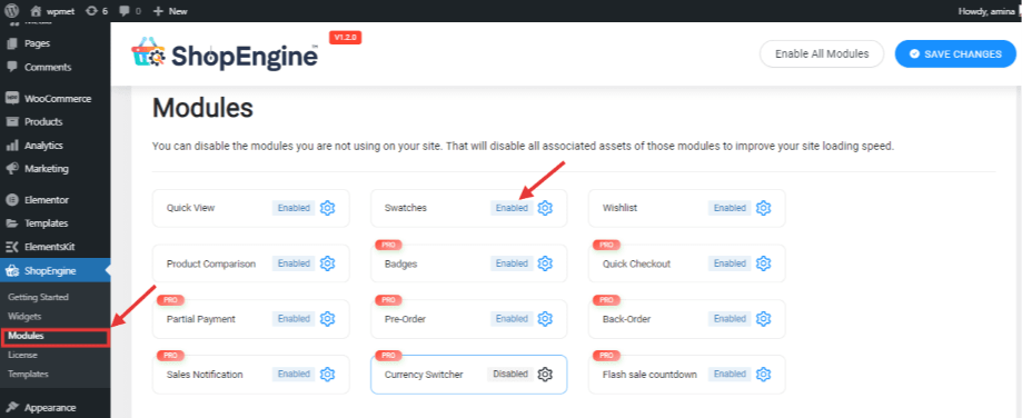 Abilita il modulo Campioni di ShopEngine per aggiungere un prodotto variabile WooCommerce
