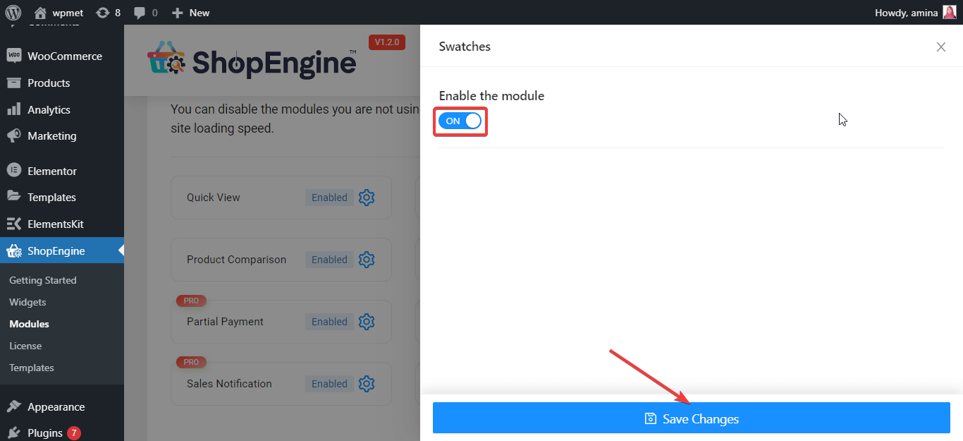 Abilita il modulo Campioni di ShopEngine per aggiungere variazioni
