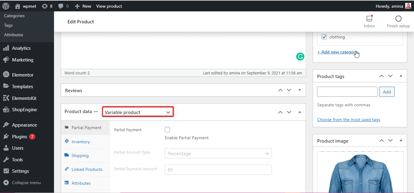 Scegli il prodotto variabile WooCommerce per aggiungere Variazioni con ShopEngine